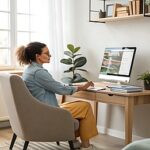 Wanita sedang bekerja santai di rumah minimalis sambil menggunakan laptop, fokus dan tenang