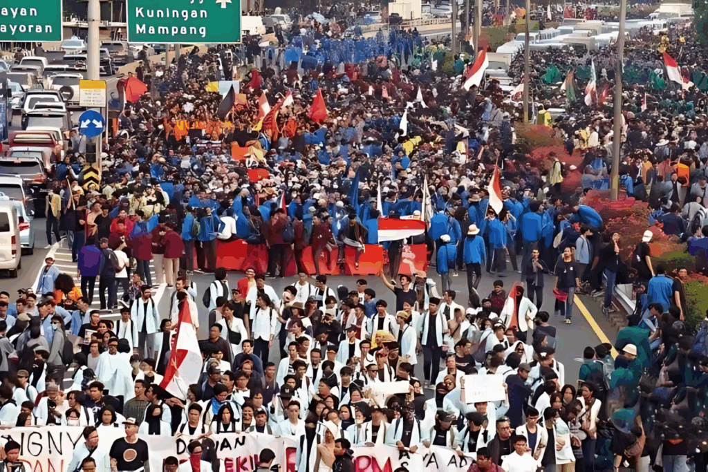 Massa melakukan demo di depan Gedung DPR/MPR