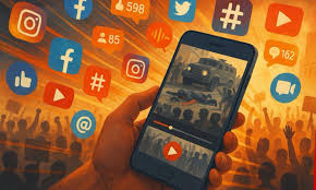 Ilustrasi evolusi aksi protes digital dengan simbol hashtag dan smartphone sebagai media mobilisasi massa modern.