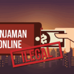 Ilustrasi pinjaman online ilegal dengan papan peringatan bahaya pinjol digital.