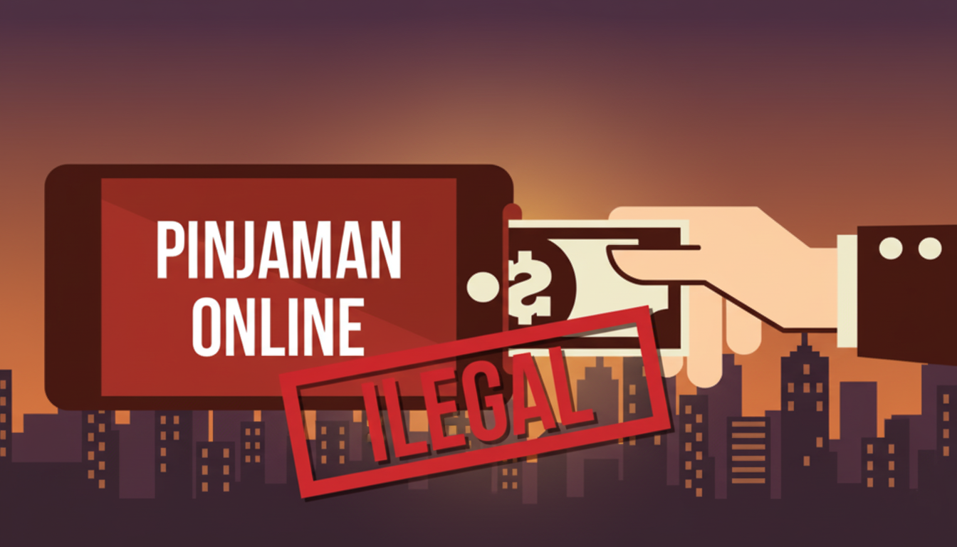 Ilustrasi pinjaman online ilegal dengan papan peringatan bahaya pinjol digital.