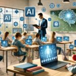 Guru mengajar di ruang kelas modern dengan bantuan teknologi AI, menggambarkan inovasi dan tantangan dunia pendidikan di Indonesia di era digital.