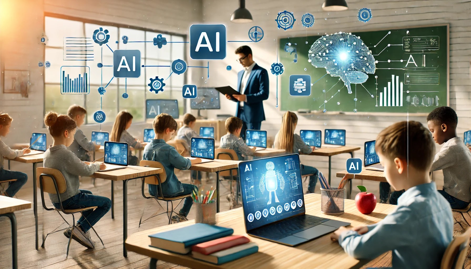 Guru mengajar di ruang kelas modern dengan bantuan teknologi AI, menggambarkan inovasi dan tantangan dunia pendidikan di Indonesia di era digital.