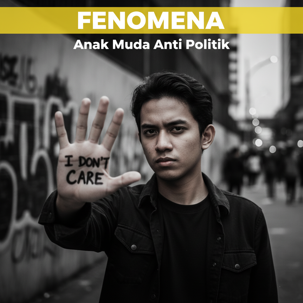 Potret anak muda Indonesia dengan ekspresi serius sebagai simbol generasi kritis yang mulai menjauh dari dunia politik konvensional.